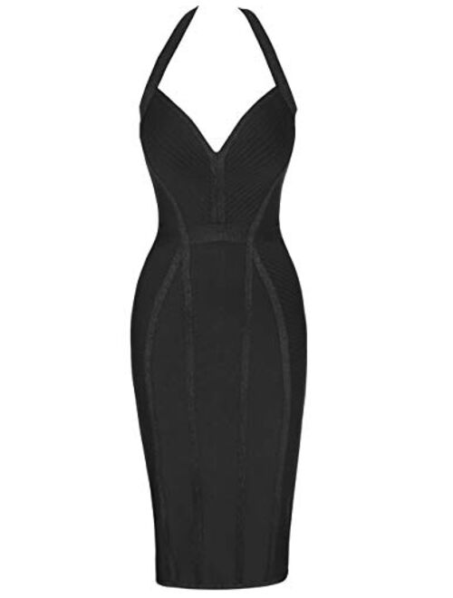 whoinshop Women's Bandage Halter V Neck Midi Cocktial Bodycon Club Party Dress