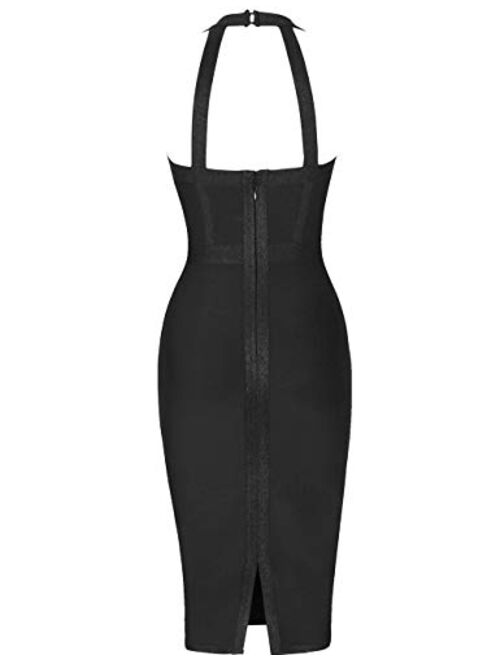 whoinshop Women's Bandage Halter V Neck Midi Cocktial Bodycon Club Party Dress