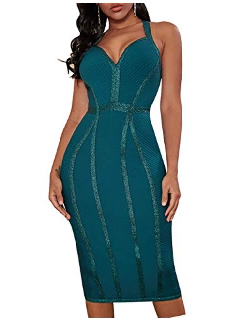 whoinshop Women's Bandage Halter V Neck Midi Cocktial Bodycon Club Party Dress