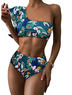 Women Bikinis One Shoulder High Waisted Bikini Set Bathing Suit Ruffle Swimsuit High Cut Two Piece Swimwear