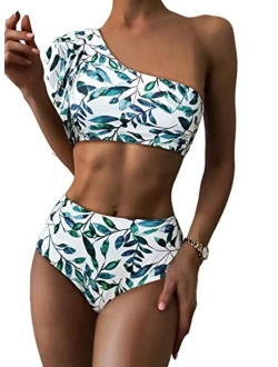 Women Bikinis One Shoulder High Waisted Bikini Set Bathing Suit Ruffle Swimsuit High Cut Two Piece Swimwear