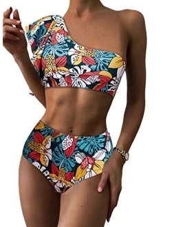 Women Bikinis One Shoulder High Waisted Bikini Set Bathing Suit Ruffle Swimsuit High Cut Two Piece Swimwear