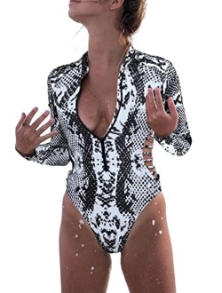 Womens Fashion One Piece Zip Front Swimsuits Printed Swimwear Long Sleeve Rash Guard High Waist Bathing Suits S-XXL