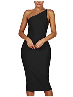 whoinshop Women's One Shoulder Bandage Evening Midi Cocktail Party Dress