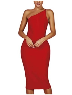 whoinshop Women's One Shoulder Bandage Evening Midi Cocktail Party Dress