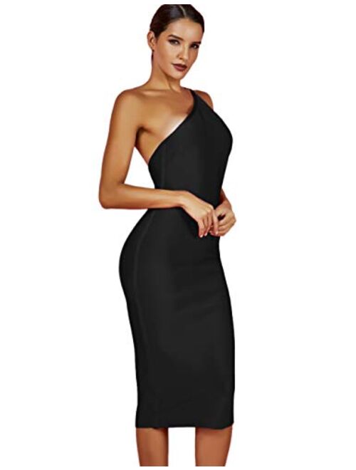 whoinshop Women's One Shoulder Bandage Evening Midi Cocktail Party Dress