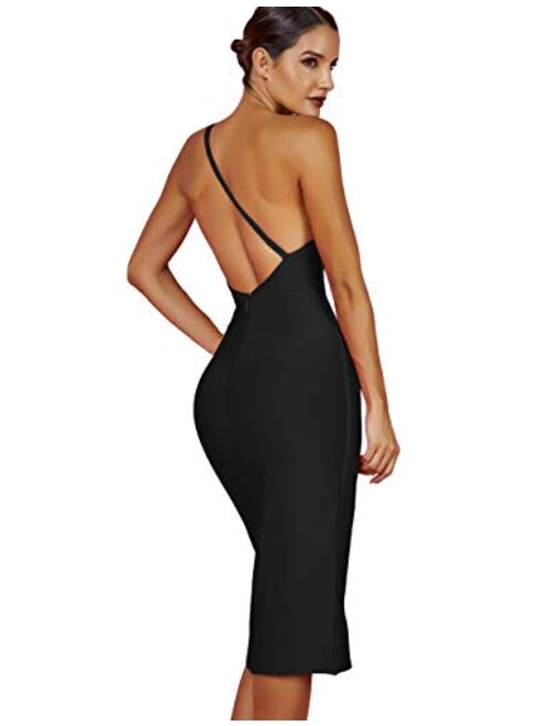 whoinshop Women's One Shoulder Bandage Evening Midi Cocktail Party Dress