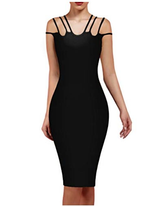 whoinshop Women's One Shoulder Bandage Evening Midi Cocktail Party Dress