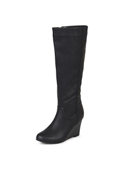 Womens Regular and Wide Calf Round Toe Faux Leather Mid-calf Wedge Boots