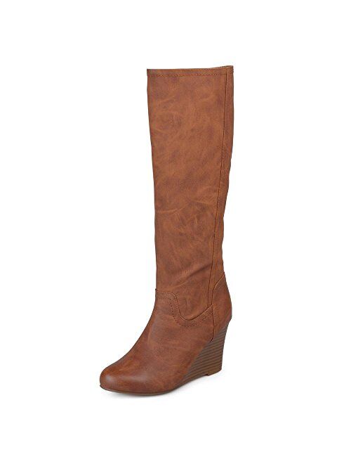 Brinley Co. Womens Regular and Wide Calf Round Toe Faux Leather Mid-calf Wedge Boots