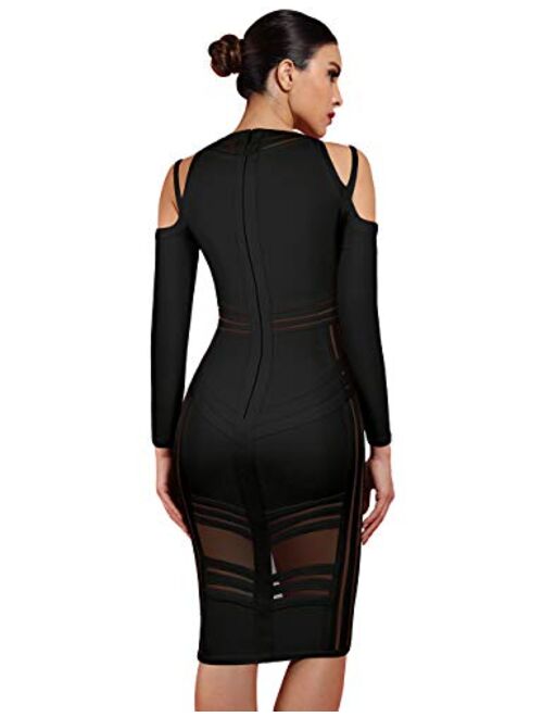 whoinshop Women's Celebrity Long Sleeve Cold Shoulder Cocktail Party Bandage Midi Dress