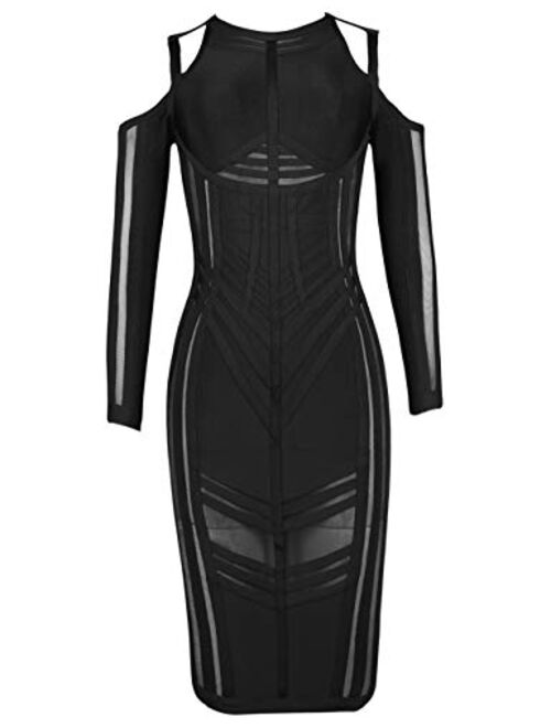 whoinshop Women's Celebrity Long Sleeve Cold Shoulder Cocktail Party Bandage Midi Dress