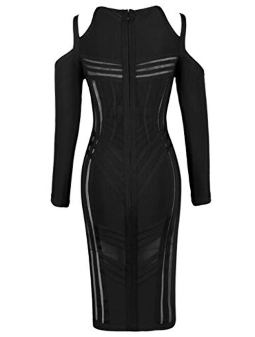 whoinshop Women's Celebrity Long Sleeve Cold Shoulder Cocktail Party Bandage Midi Dress