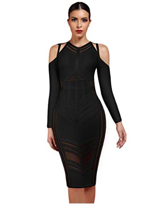 whoinshop Women's Celebrity Long Sleeve Cold Shoulder Cocktail Party Bandage Midi Dress