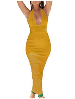 whoinshop Women's Halter Sexy V Neck Backless Bodycon Bandage Evening Wedding Party Long Dresses