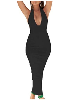 whoinshop Women's Halter Sexy V Neck Backless Bodycon Bandage Evening Wedding Party Long Dresses