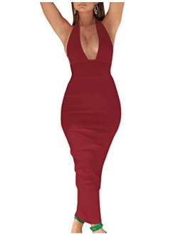 whoinshop Women's Halter Sexy V Neck Backless Bodycon Bandage Evening Wedding Party Long Dresses