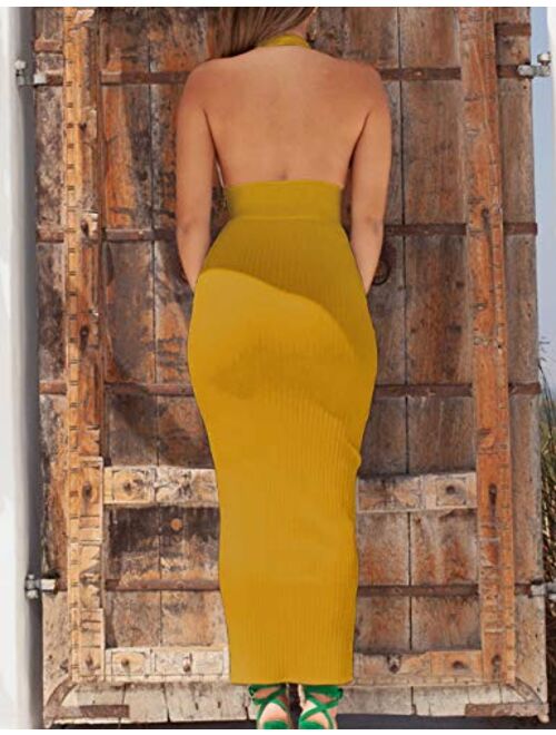 whoinshop Women's Halter Sexy V Neck Backless Bodycon Bandage Evening Wedding Party Long Dresses