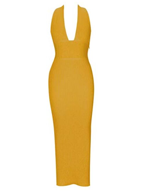 whoinshop Women's Halter Sexy V Neck Backless Bodycon Bandage Evening Wedding Party Long Dresses