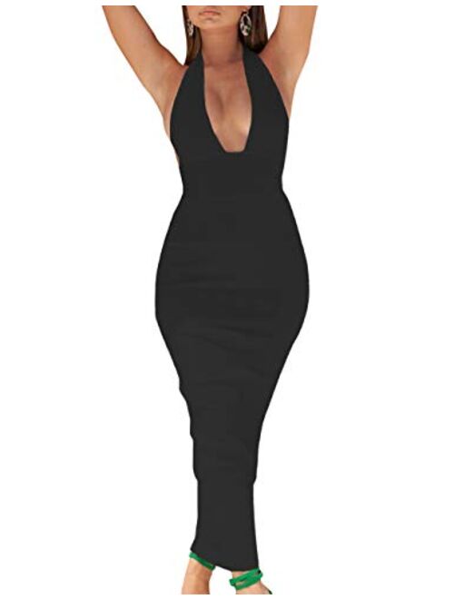 whoinshop Women's Halter Sexy V Neck Backless Bodycon Bandage Evening Wedding Party Long Dresses