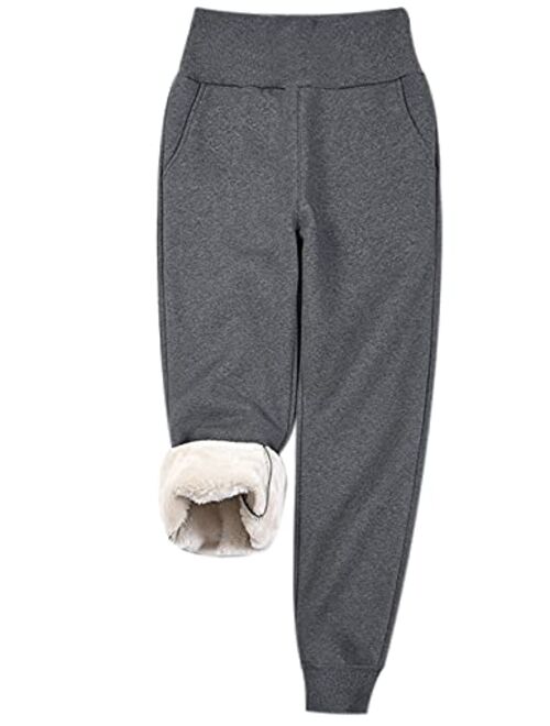 Yeokou Women Warm High Waist Thicken Sherpa Lined Jogger Sweatpants Lounge Bottoms