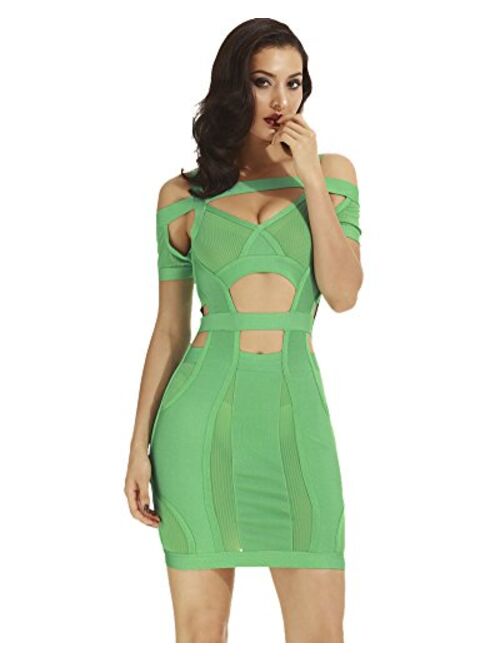 whoinshop Women's Semi Sheer Mesh Bardot Neckline Bandage Bodycon Cocktail Party Dress