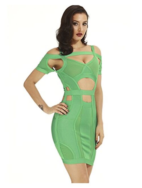 whoinshop Women's Semi Sheer Mesh Bardot Neckline Bandage Bodycon Cocktail Party Dress