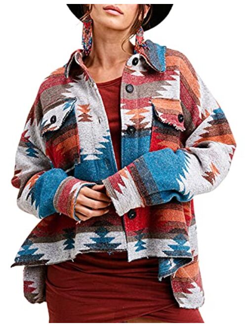 Yeokou Womens Vintage Aztec Printed Shacket Long Sleeve Brushed Flannel Jacket Outwear