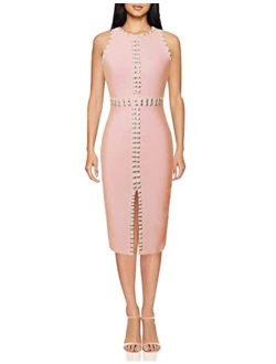 whoinshop Women's Rayon Bodycon Studded Sleeveless Bandage Party Dress