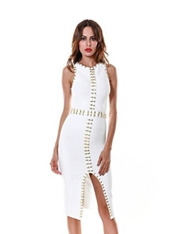 whoinshop Women's Rayon Bodycon Studded Sleeveless Bandage Party Dress