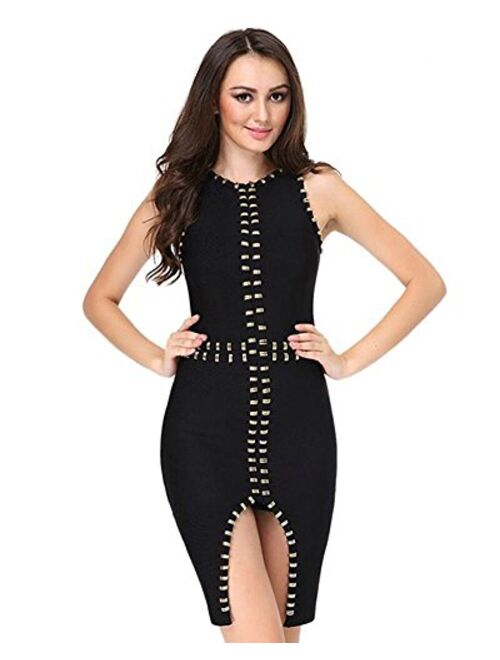 whoinshop Women's Rayon Bodycon Studded Sleeveless Bandage Party Dress