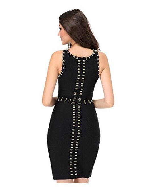 whoinshop Women's Rayon Bodycon Studded Sleeveless Bandage Party Dress