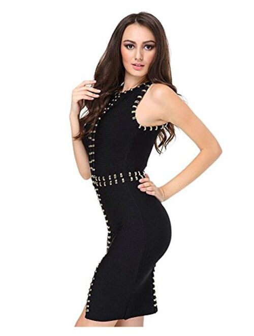 whoinshop Women's Rayon Bodycon Studded Sleeveless Bandage Party Dress