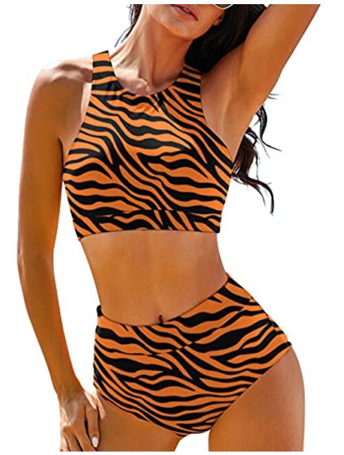 whoinshop Sporty Scoop Neck Crop Top Swimsuit Bikini Set Strap Adjustable Two Piece Bathing Suit