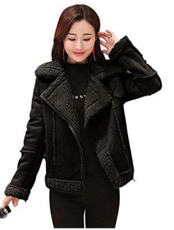 Yeokou Womens Slim Zip Up Lapel Collar Sherpa Lined Short Suede Biker Jacket Coat