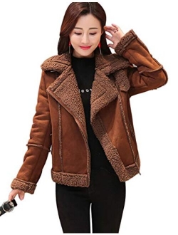 Yeokou Womens Slim Zip Up Lapel Collar Sherpa Lined Short Suede Biker Jacket Coat