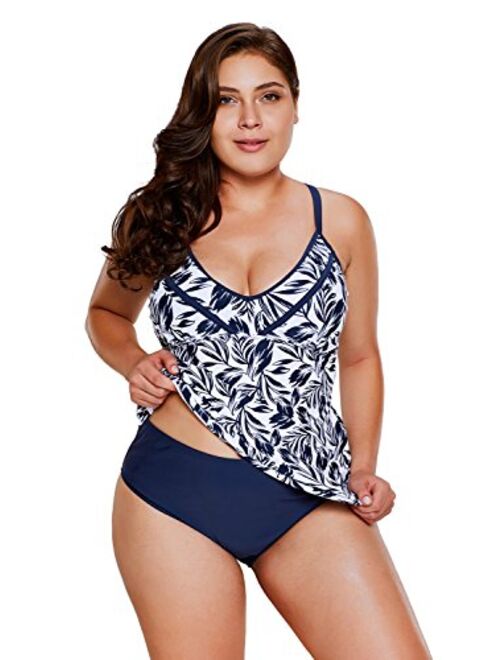 Whoinshop Women's Plus Size Leafy Print 2pcs Bikini Set Tankini Swimsuit