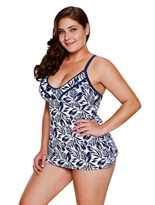 Whoinshop Women's Plus Size Leafy Print 2pcs Bikini Set Tankini Swimsuit