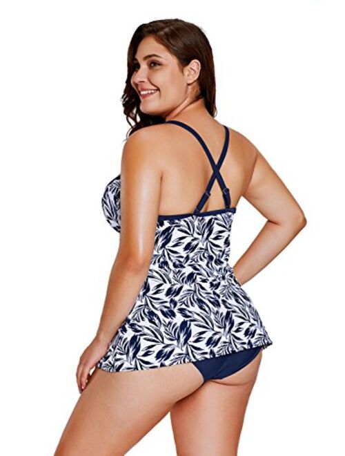 Whoinshop Women's Plus Size Leafy Print 2pcs Bikini Set Tankini Swimsuit