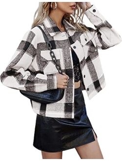 Yeokou Women's Fashion Cropped Flannel Wool Blend Plaid Shacket Long Sleeve Button Down Jackets Coat