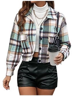 Yeokou Women's Fashion Cropped Flannel Wool Blend Plaid Shacket Long Sleeve Button Down Jackets Coat