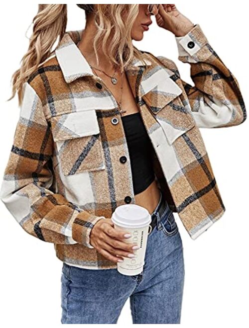 Yeokou Women's Fashion Cropped Flannel Wool Blend Plaid Shacket Long Sleeve Button Down Jackets Coat