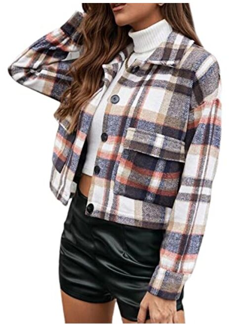 Yeokou Women's Fashion Cropped Flannel Wool Blend Plaid Shacket Long Sleeve Button Down Jackets Coat