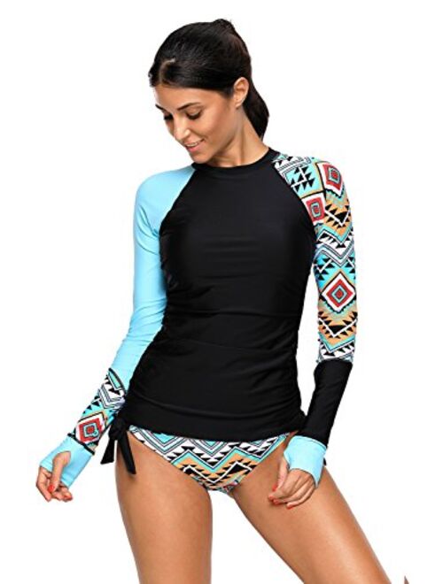 Whoinshop Women's 2 PCS Long Sleeves Top and Bikini Bottom Side Ties Tankini Swimsuit Set