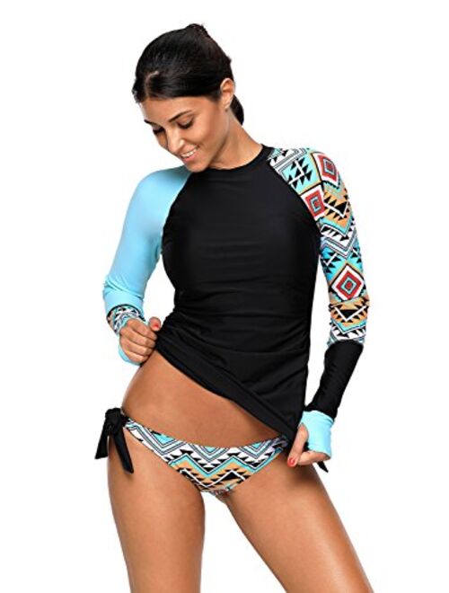 Whoinshop Women's 2 PCS Long Sleeves Top and Bikini Bottom Side Ties Tankini Swimsuit Set