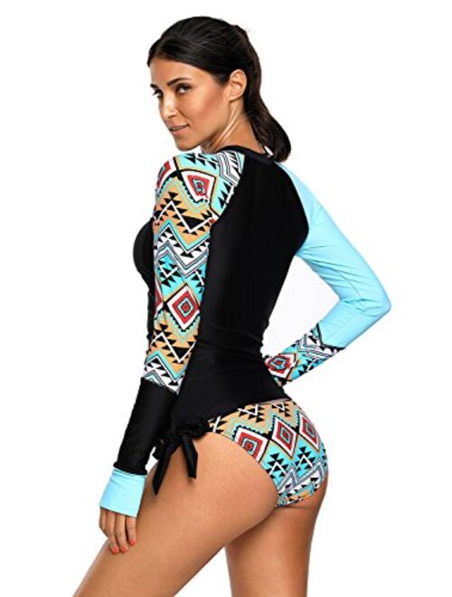 Whoinshop Women's 2 PCS Long Sleeves Top and Bikini Bottom Side Ties Tankini Swimsuit Set