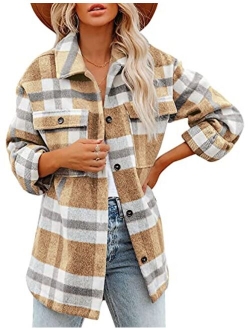 Yeokou Women's Fall Color Block Plaid Flannel Shacket Jacket Button Down Shirt Coat Tops