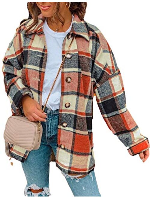 Yeokou Women's Fall Color Block Plaid Flannel Shacket Jacket Button Down Shirt Coat Tops