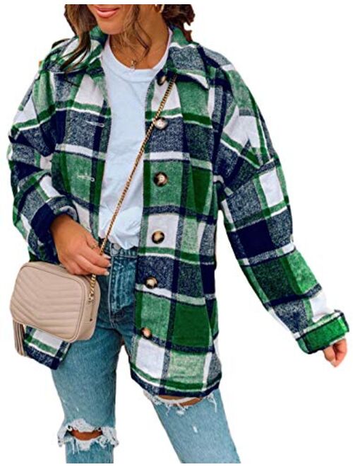 Yeokou Women's Fall Color Block Plaid Flannel Shacket Jacket Button Down Shirt Coat Tops