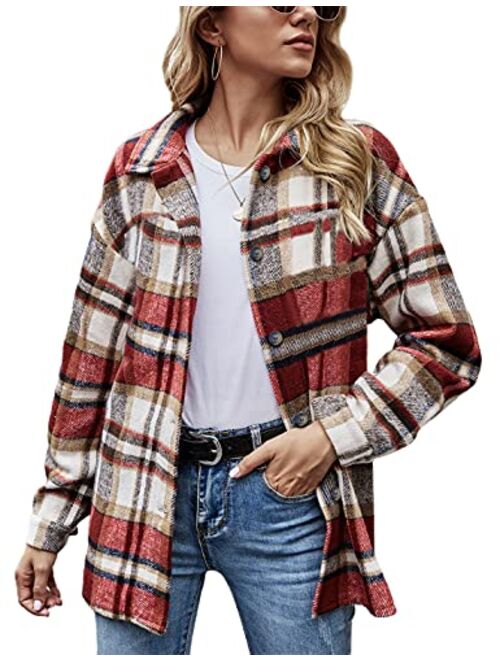 Yeokou Women's Fall Color Block Plaid Flannel Shacket Jacket Button Down Shirt Coat Tops